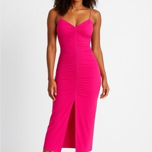 Express Hot Pink Body Contour Ruched Midi Dress NWT